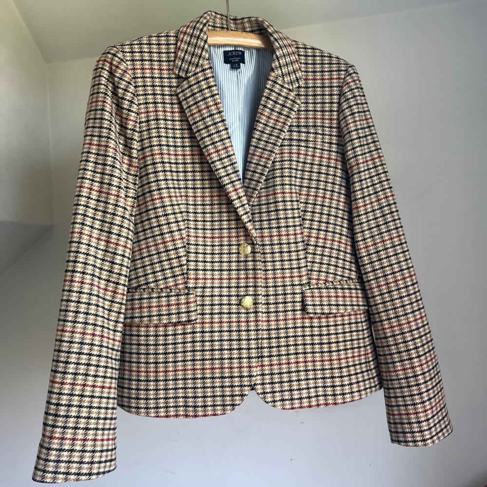 J. Crew Schoolboy Blazer 12 Tan Plaid Wool Blend Gold Crest Button Preppy Jacket - Picture 4 of 11